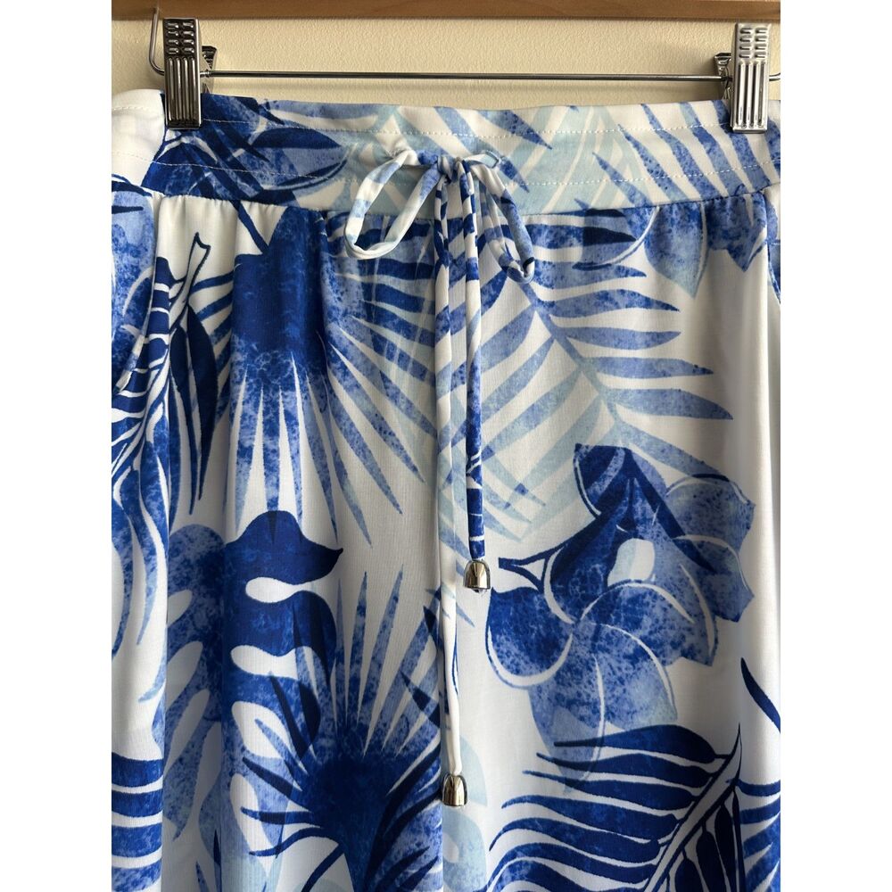 Beach Break Tropical Palm Leaf Wide Leg Pants XL Blue White Drawstring Resort